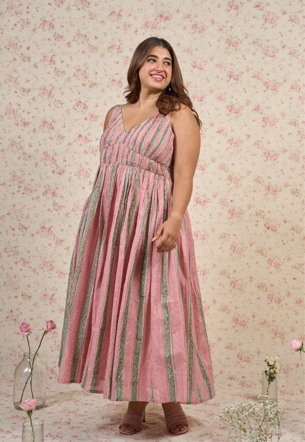 Emily Pink Sanganeri Mul Cotton A Line Dress