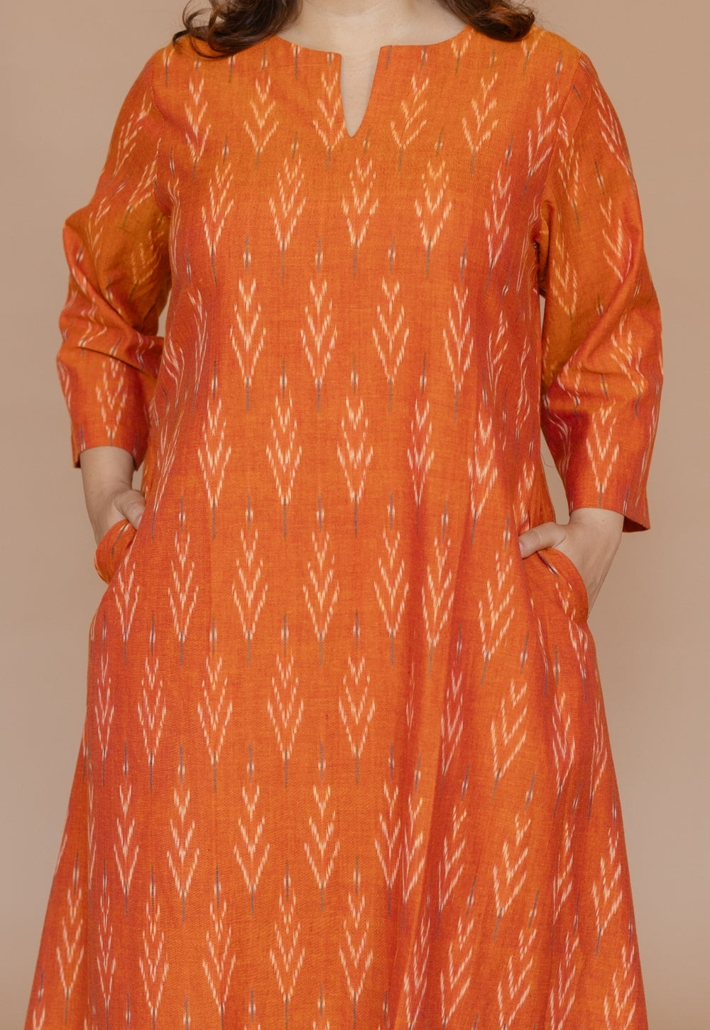 Geet Orange Handloom Ikkat Cotton A Line Kurta Set (Set of 2)
