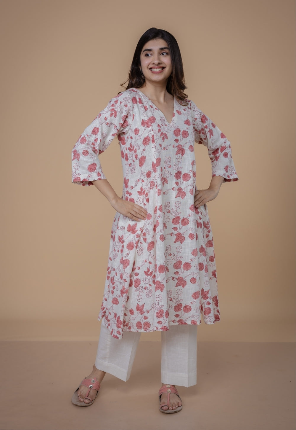 Smriti White Dabu Slub Cotton Kali Kurta Set (Set of 2)