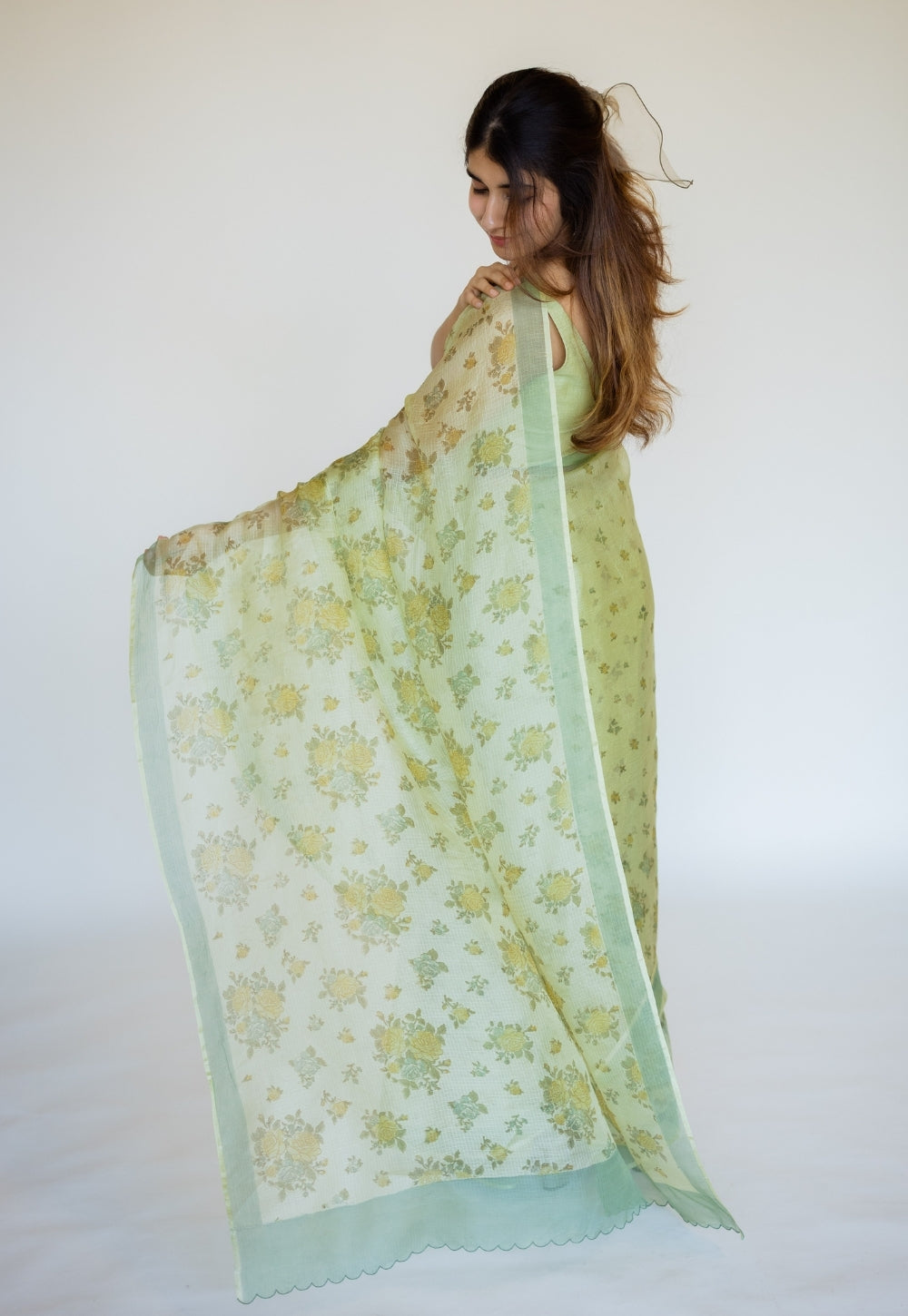 Green Sanganeri Hand Block Print Kota Doria Silk Saree