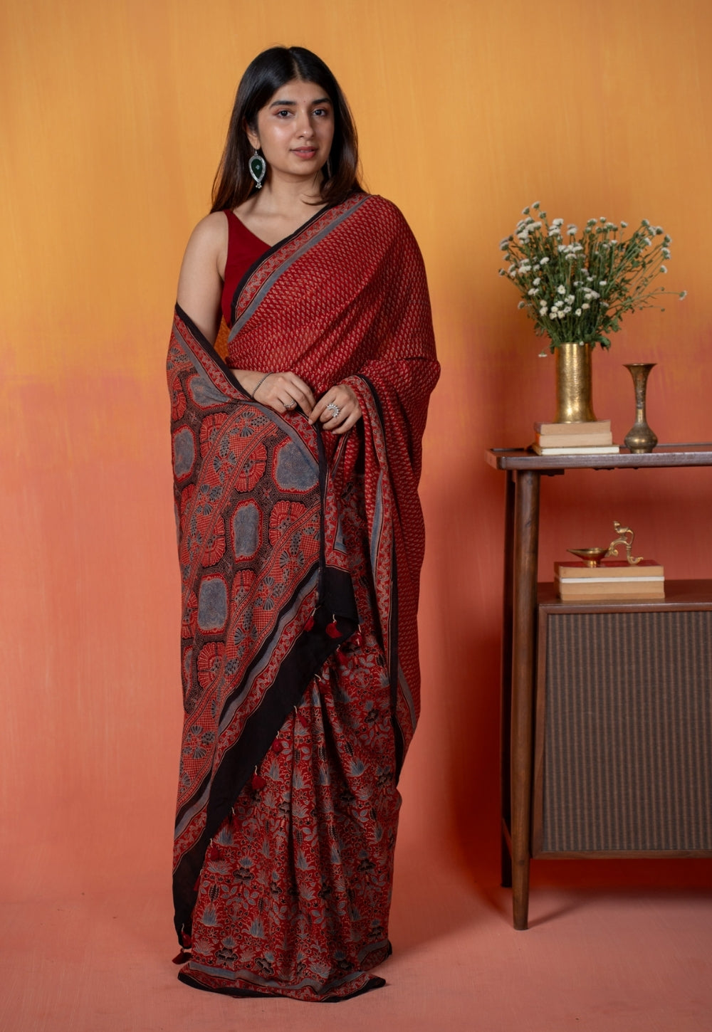 Red Mug Butti Ajrakh Hand Block Print Mul Saree