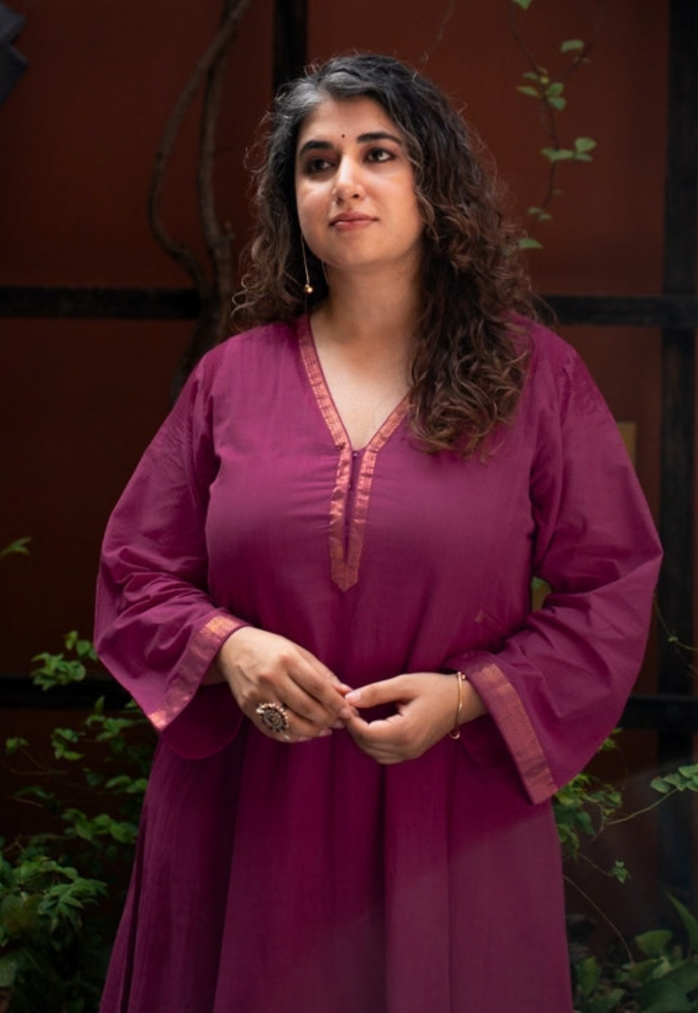 Kalika Magenta Pink Mangalgiri Cotton Kali Kurta with Nizam Border
