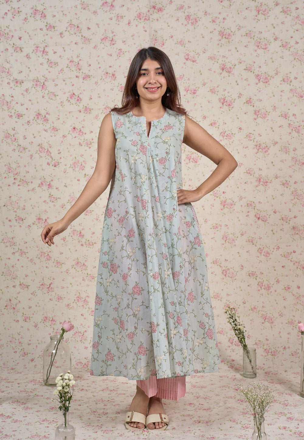 Flora Blue Sanganeri Mul Cotton A Line Kurta