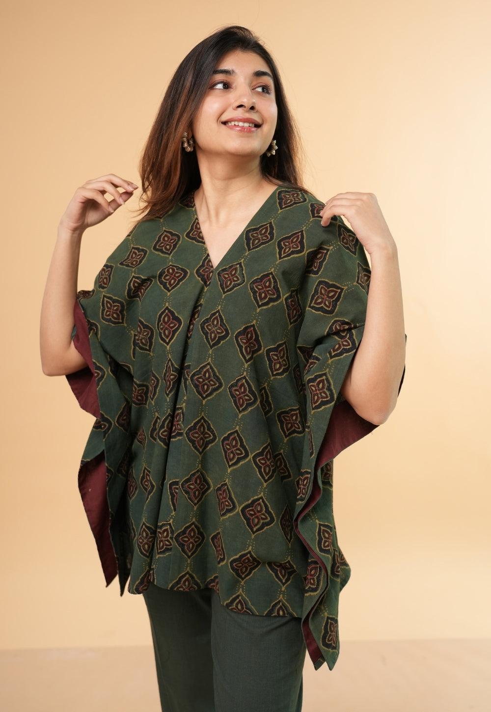 Marya Green Dabu Slub Cotton Kaftan Short Top