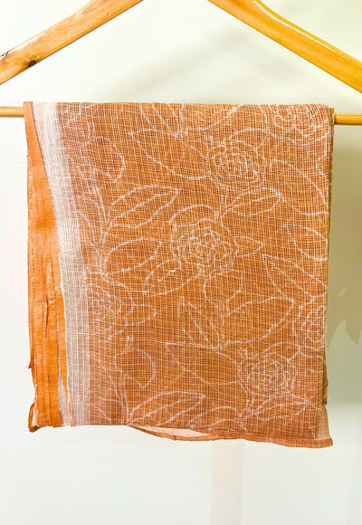 Orange Floral Hand Block Print Kota Doria Cotton Dupatta