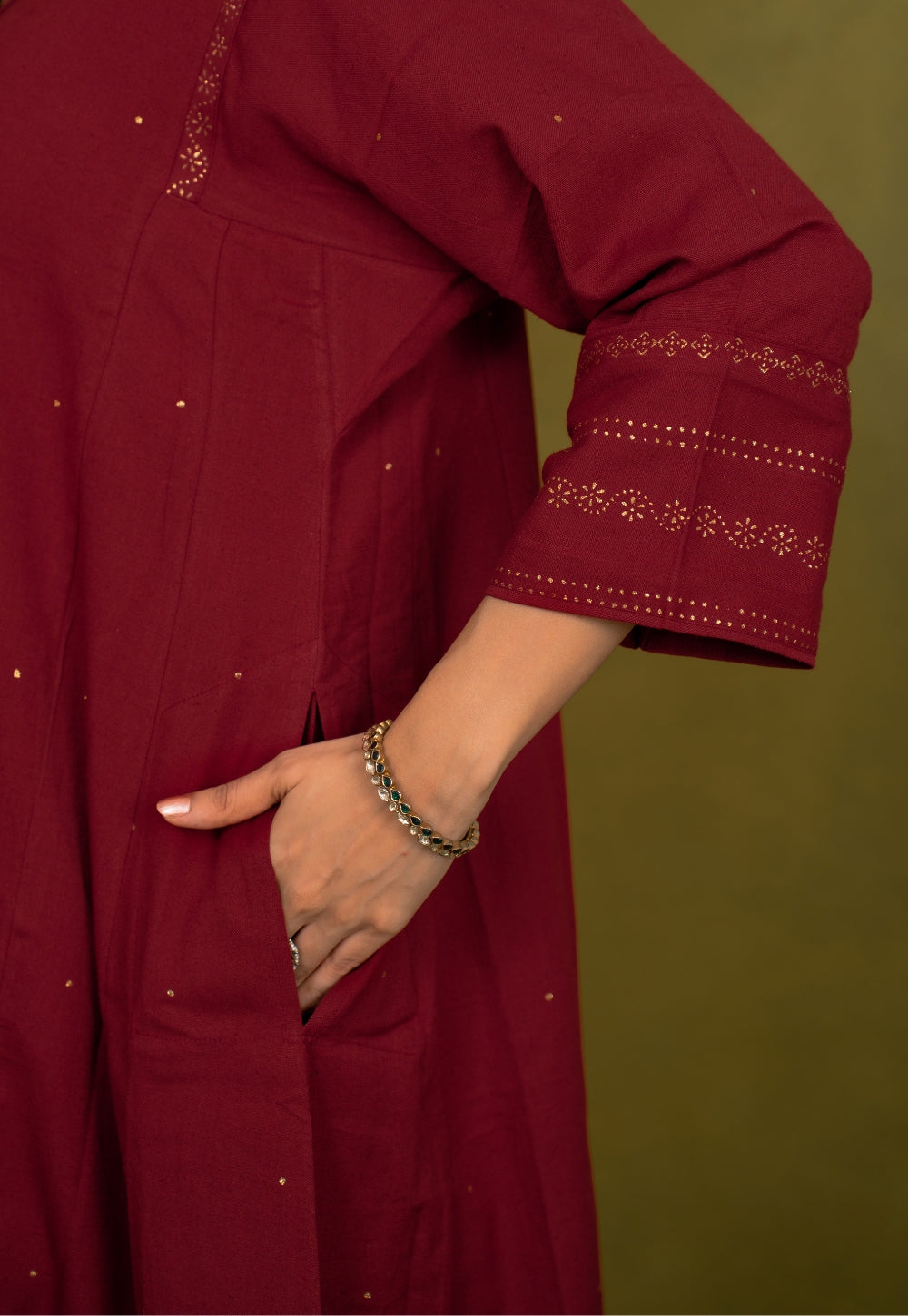 Iqra Red Rogan Handblock Printed Slub Cotton Jhabbha Kali Suit Set (Set of 3)