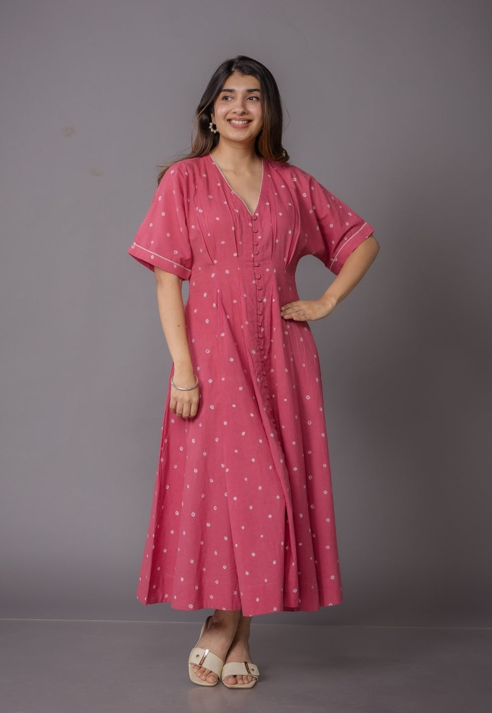 Reema Pink Bandhani Cotton A Line Dress