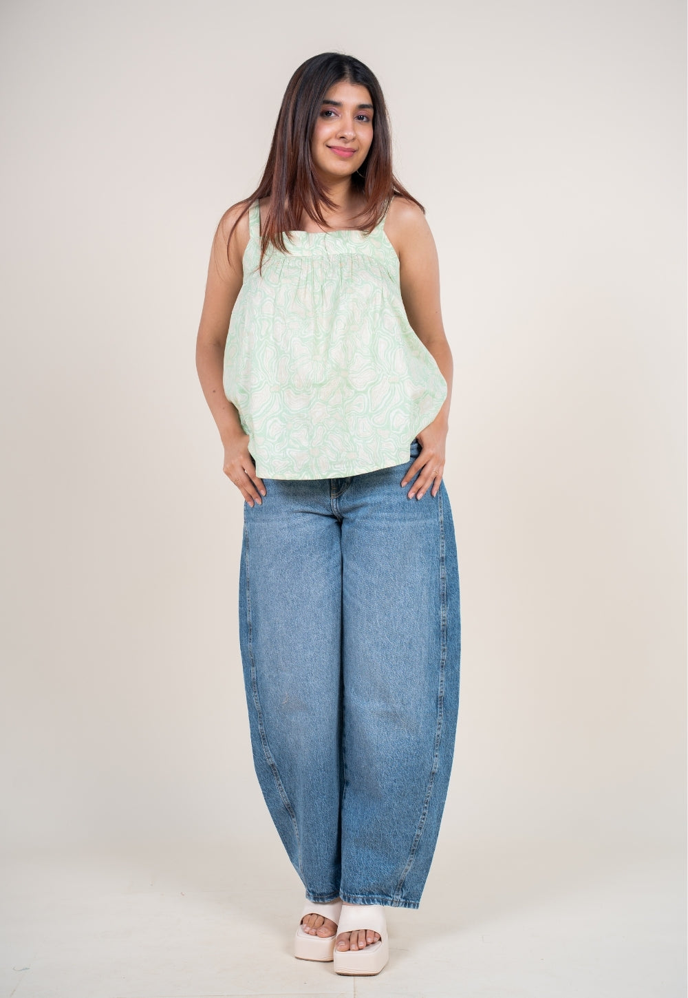 Sumin Mint Green Printed Cotton Straight Short Top