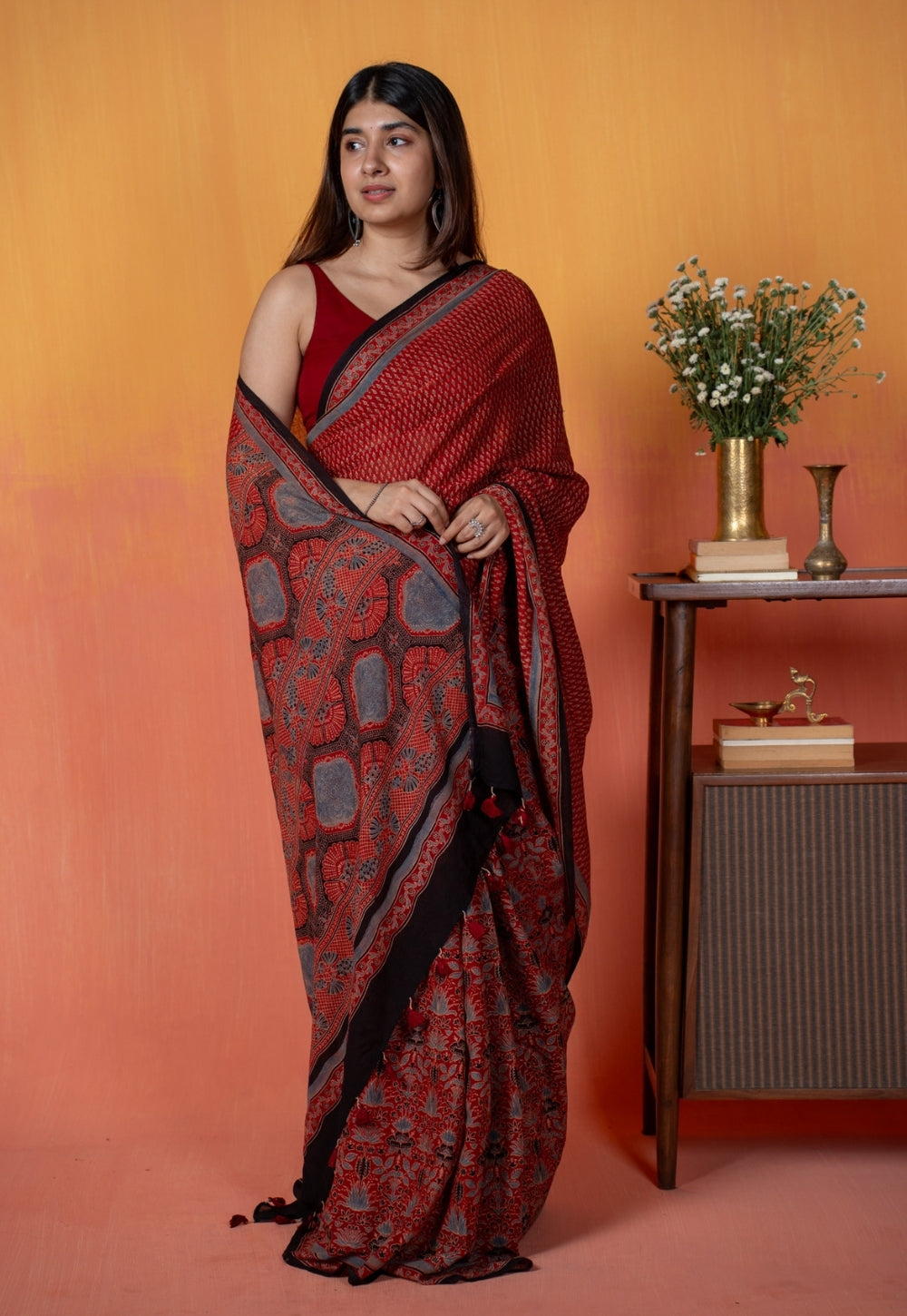 Red Mug Butti Ajrakh Hand Block Print Mul Saree