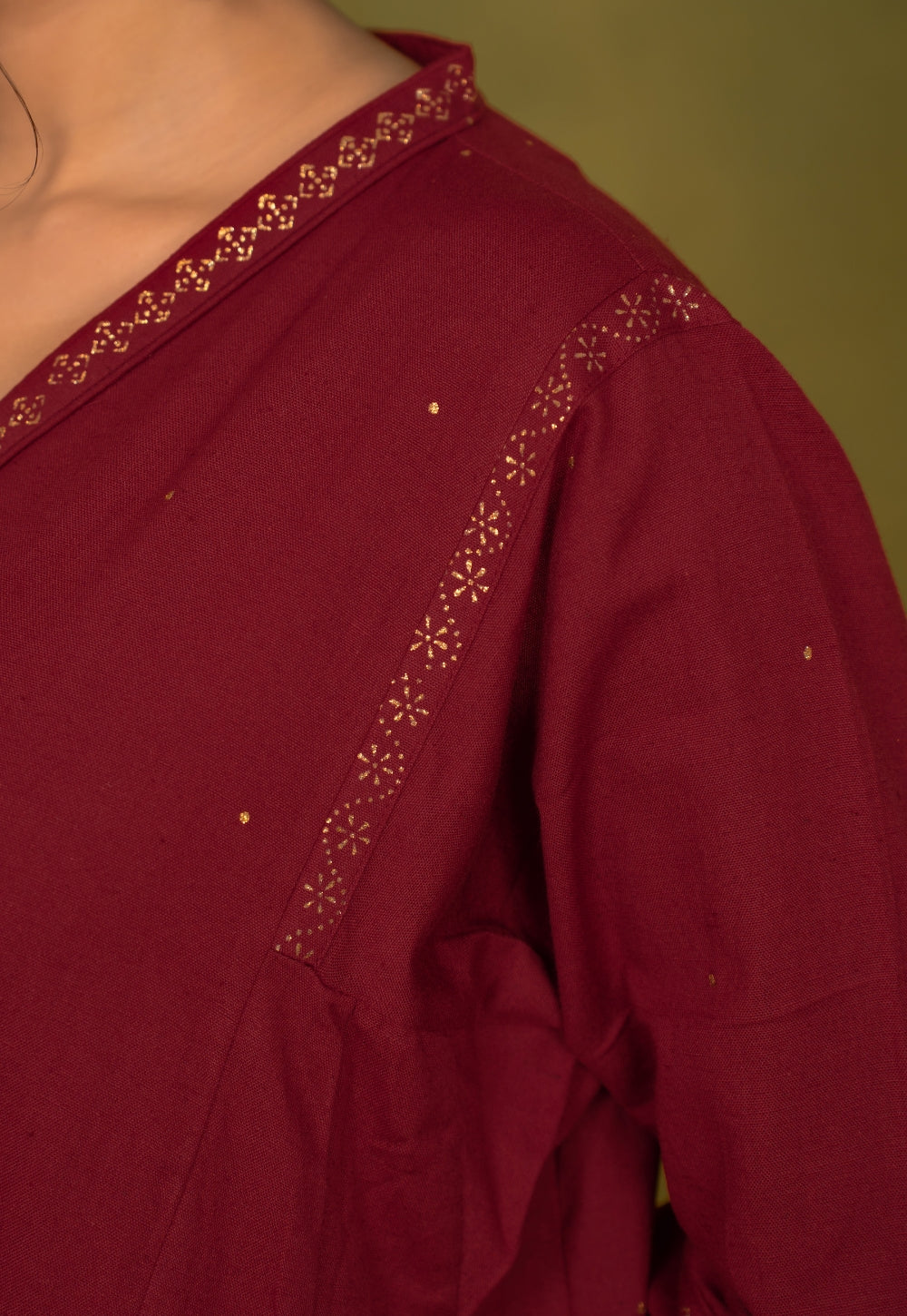 Iqra Red Rogan Handblock Printed Slub Cotton Jhabbha Kali Suit Set (Set of 3)
