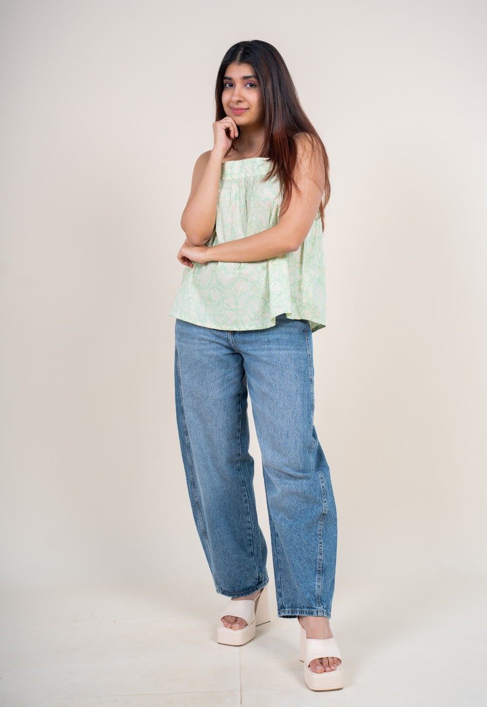 Sumin Mint Green Printed Cotton Straight Short Top