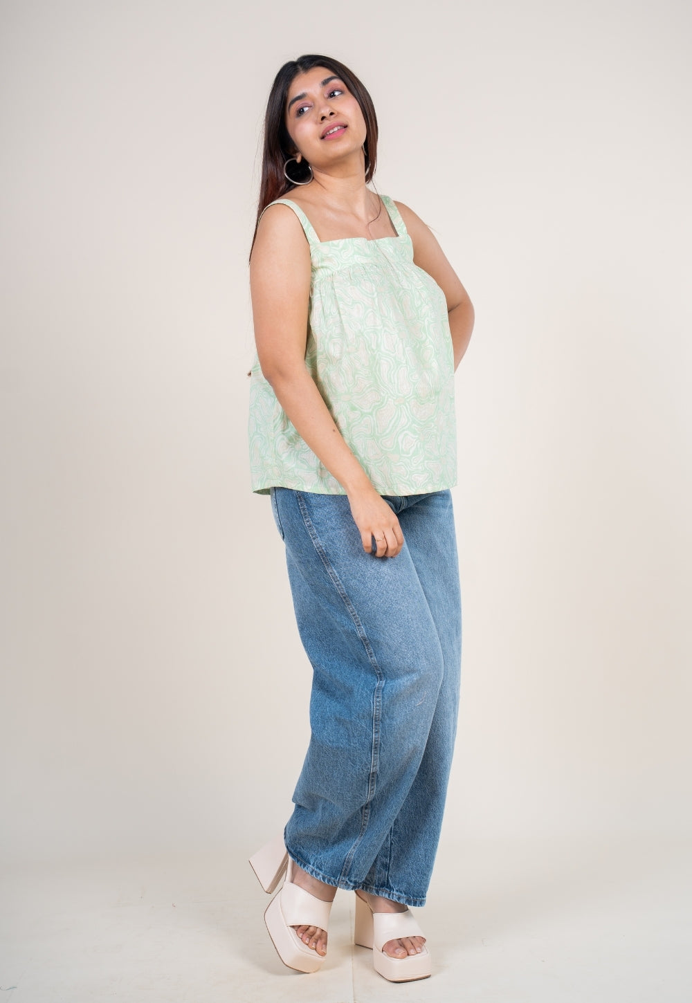 Sumin Mint Green Printed Cotton Straight Short Top