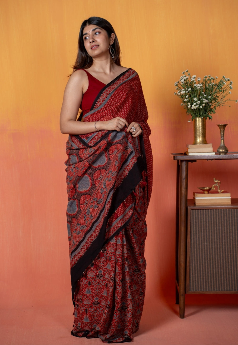 Red Mug Butti Ajrakh Hand Block Print Mul Saree