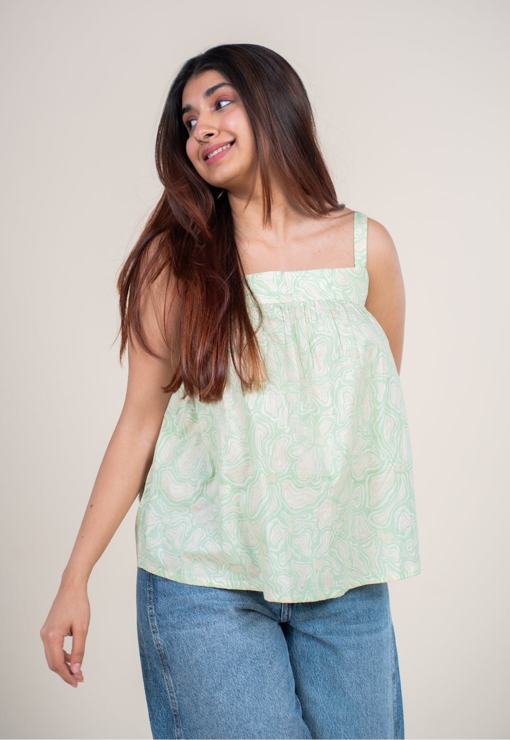 Sumin Mint Green Printed Cotton Straight Short Top