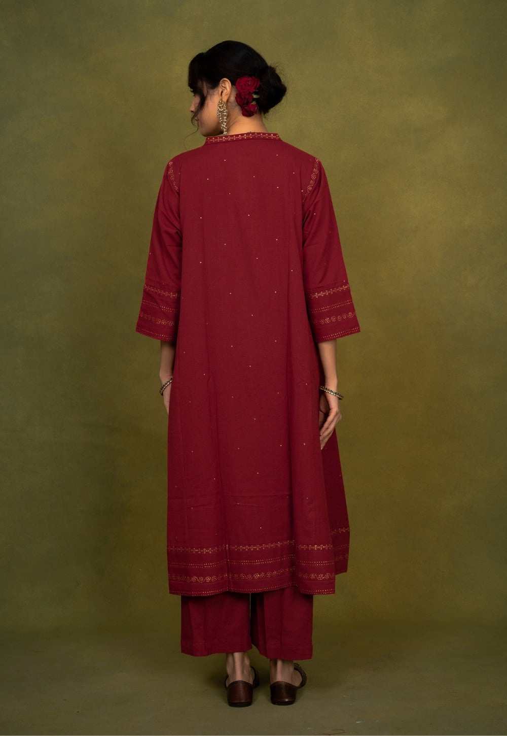 Iqra Red Rogan Handblock Printed Slub Cotton Jhabbha Kali Suit Set (Set of 3)