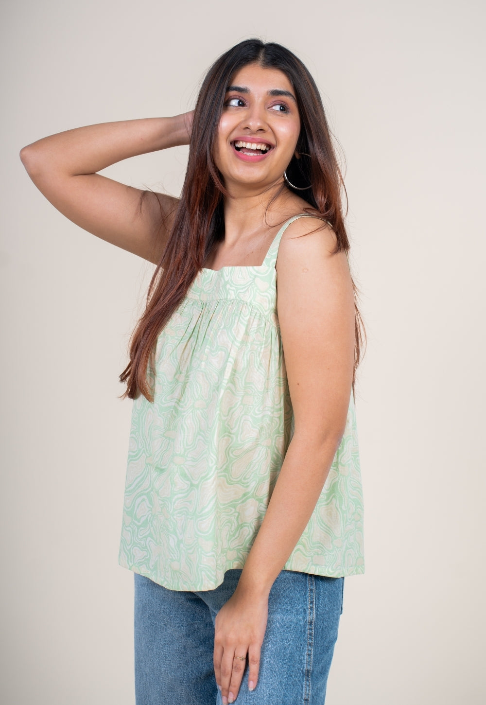 Sumin Mint Green Printed Cotton Straight Short Top