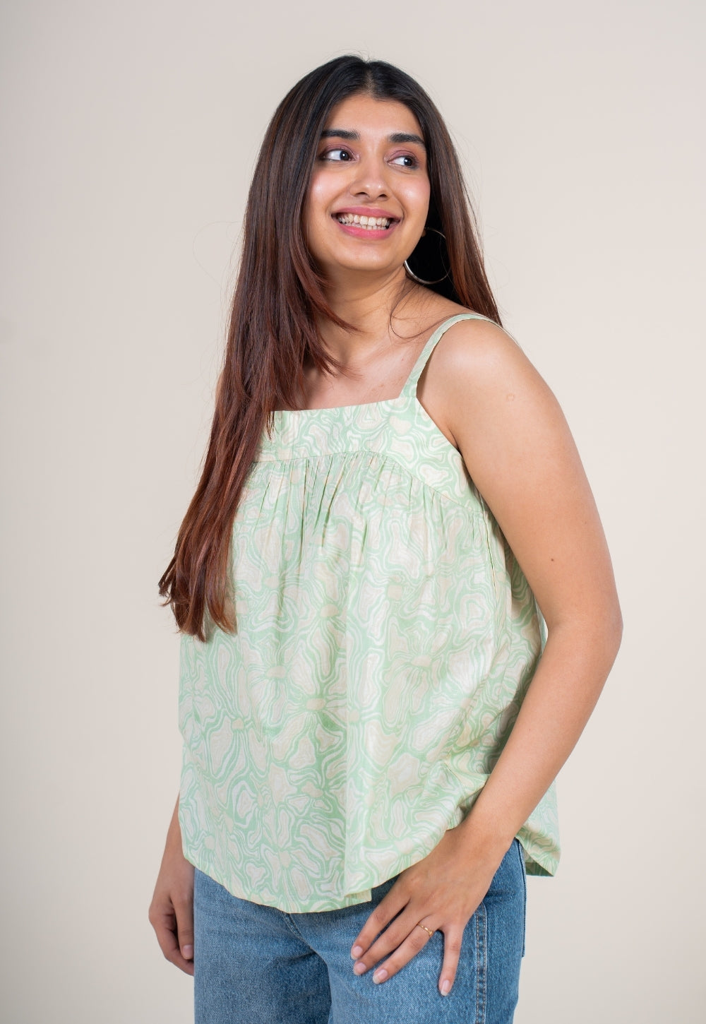 Sumin Mint Green Printed Cotton Straight Short Top