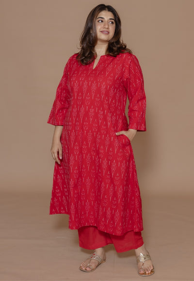 Geet Red Handloom Ikkat Cotton A Line Kurta