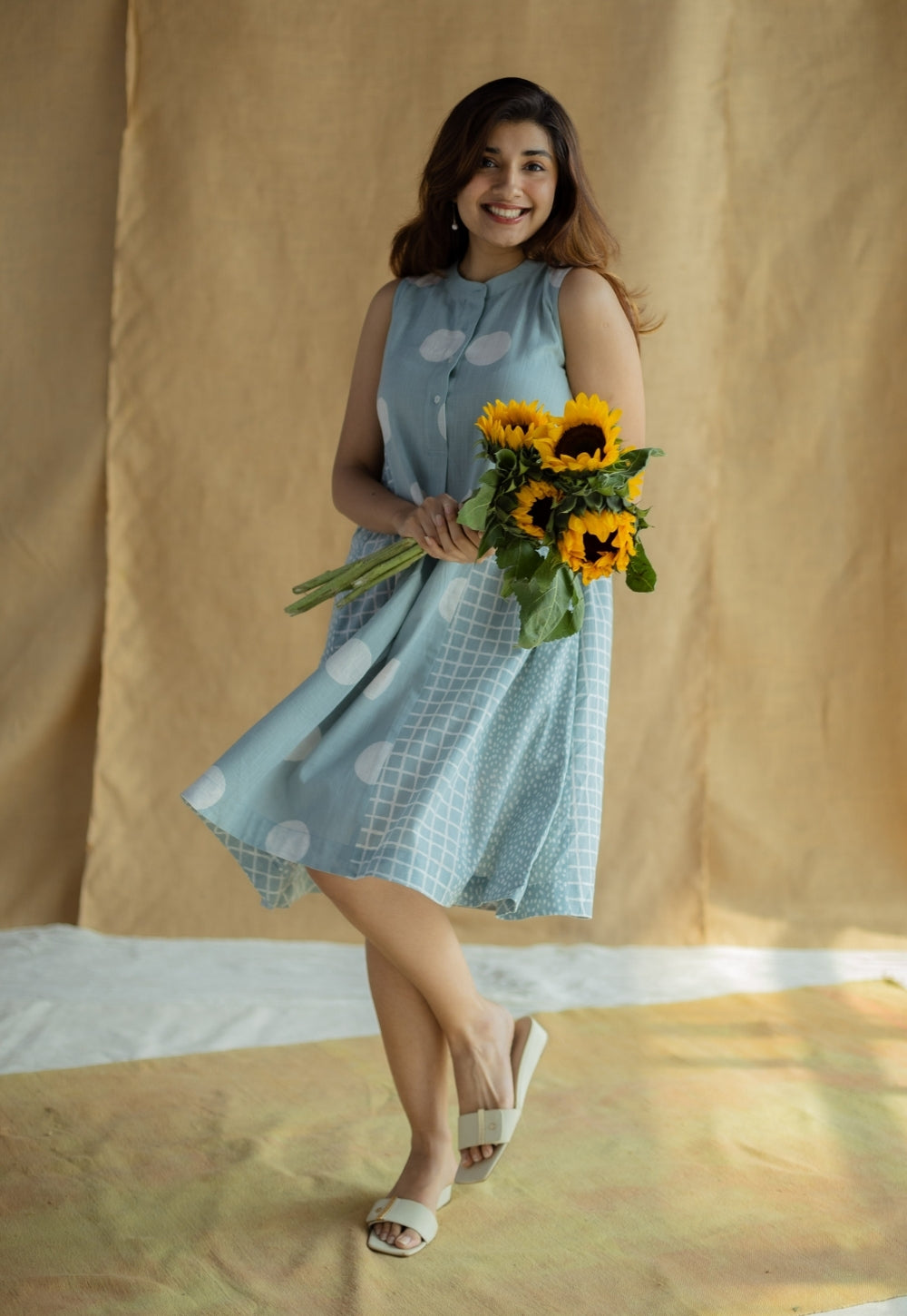 Fariyah Sky Blue Hand Block Print Slub Cotton A Line Dress
