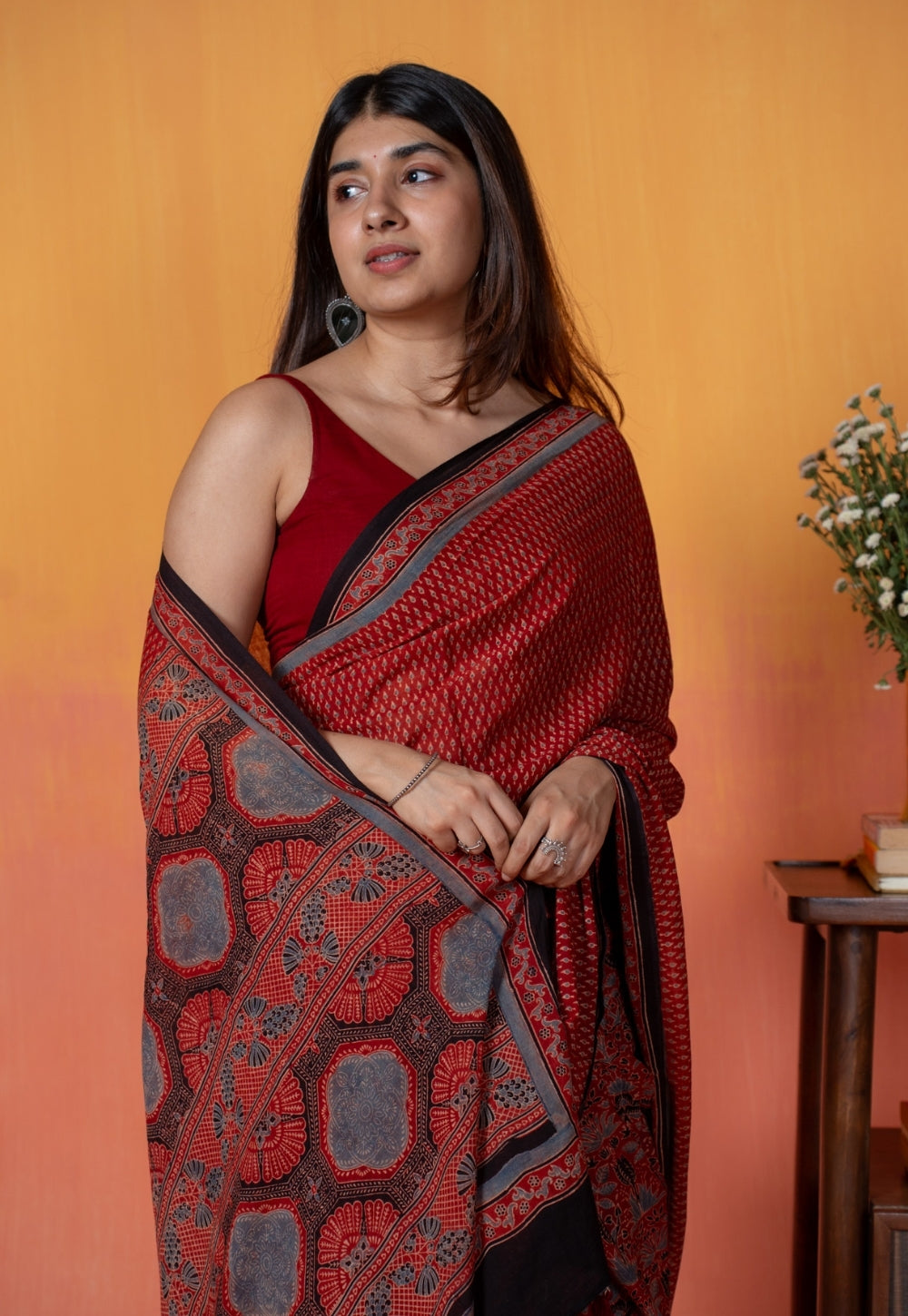 Red Mug Butti Ajrakh Hand Block Print Mul Saree