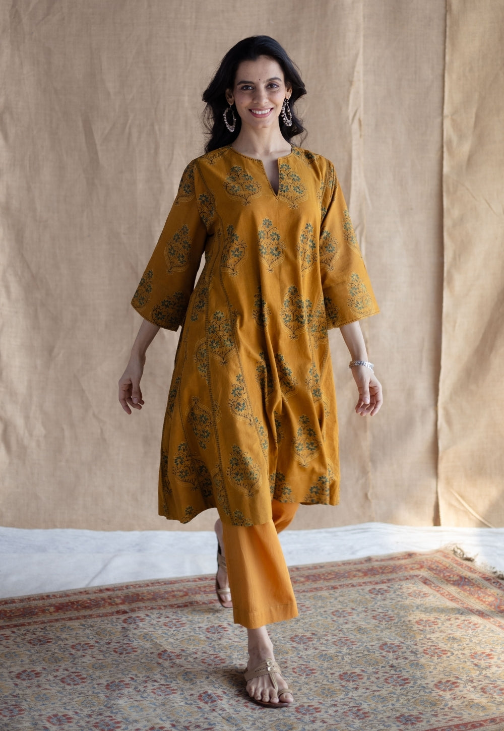 Trisha Mustard Ajrakh Cotton Jhabbha Kali Suit Set (Set of 3)