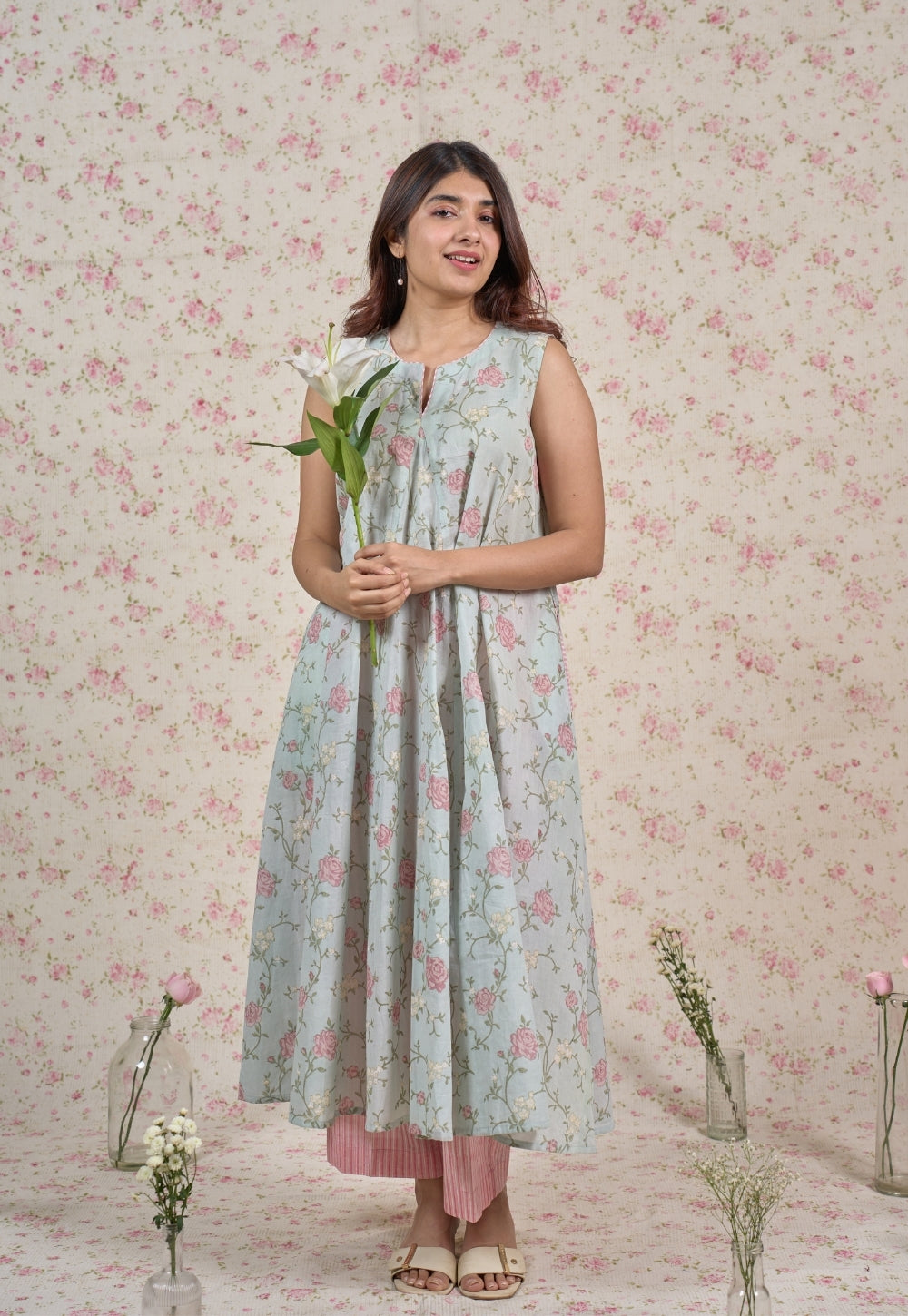 Flora Blue Sanganeri Mul Cotton A Line Kurta