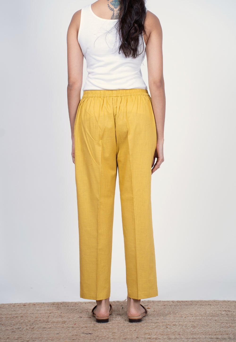 Yashi Yellow Solid Slub Cotton Straight Palazzo Pant