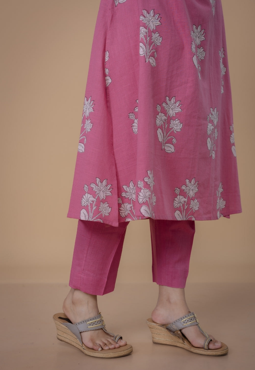 Eshika Pink Dabu Slub Cotton A Line Kurta Set (Set of 2)