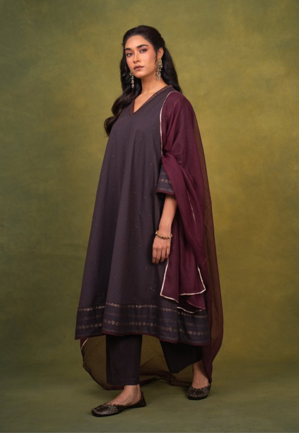 Zohra Aubergine Rogan Handblock Printed Cotton Jhabbha Kali Kurta Suit Set (Set of 3)