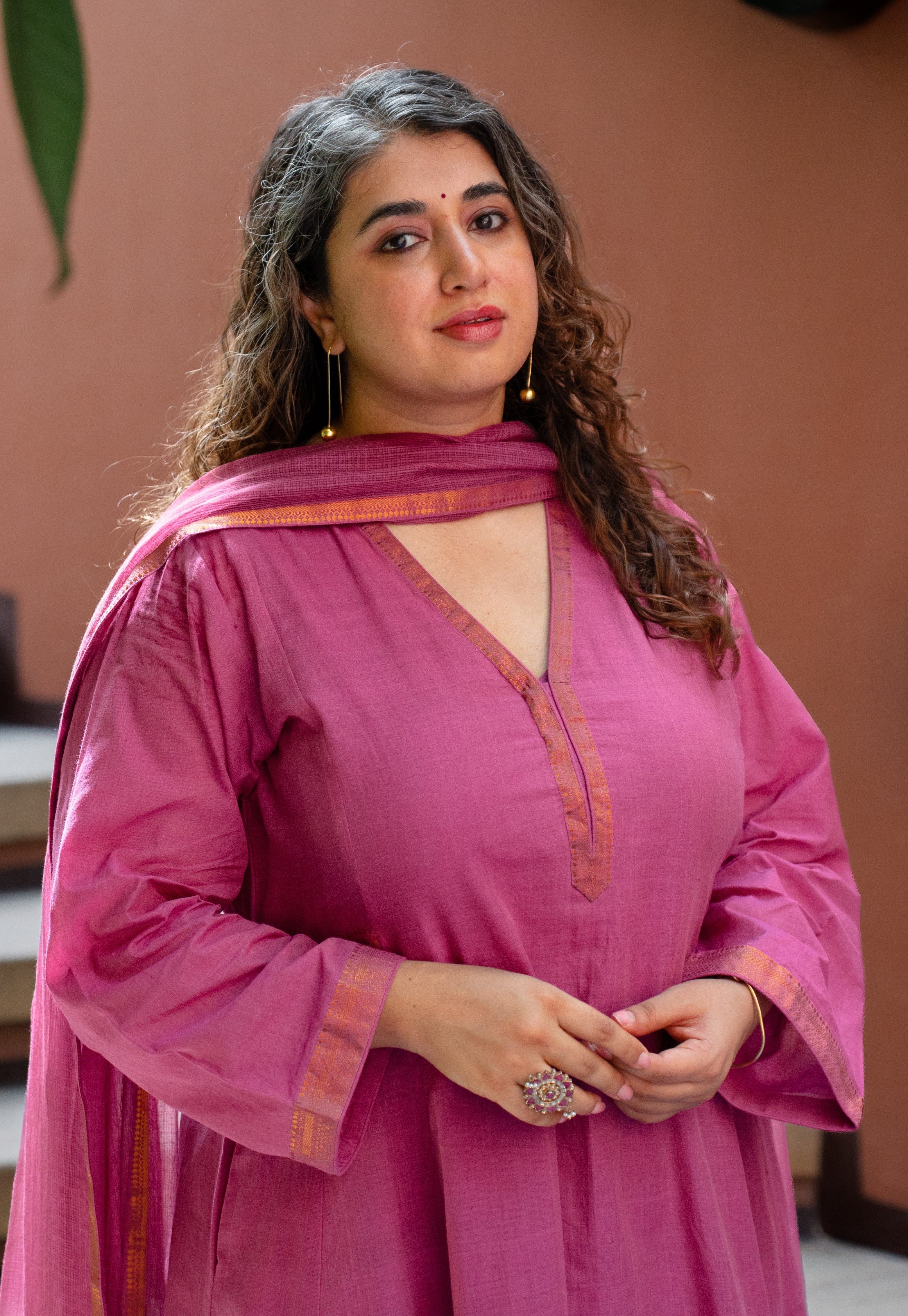 Kalika Pink Mangalgiri Cotton Kali Kurta with Nizam Border