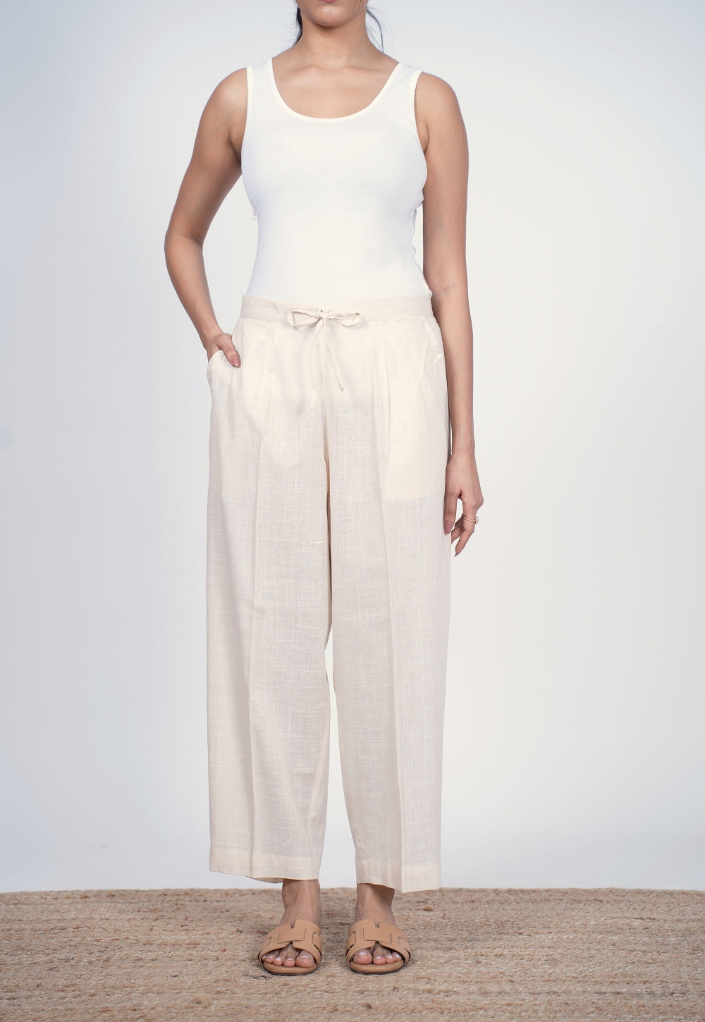 Yashi White Solid Slub Cotton Straight Pant