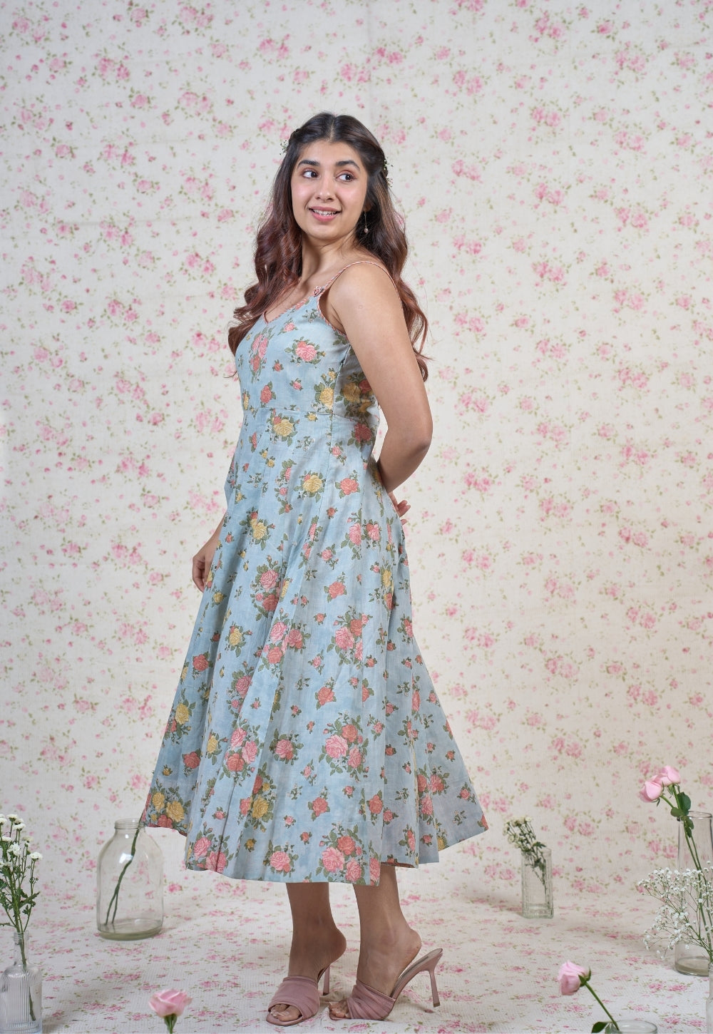 Emma Blue Sanganeri Slub Cotton A Line Dress