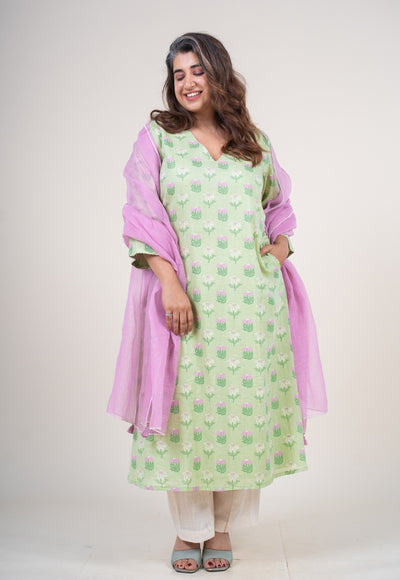 Reva Mint Green Printed Mul A Line Kurta with Hand Embroidery