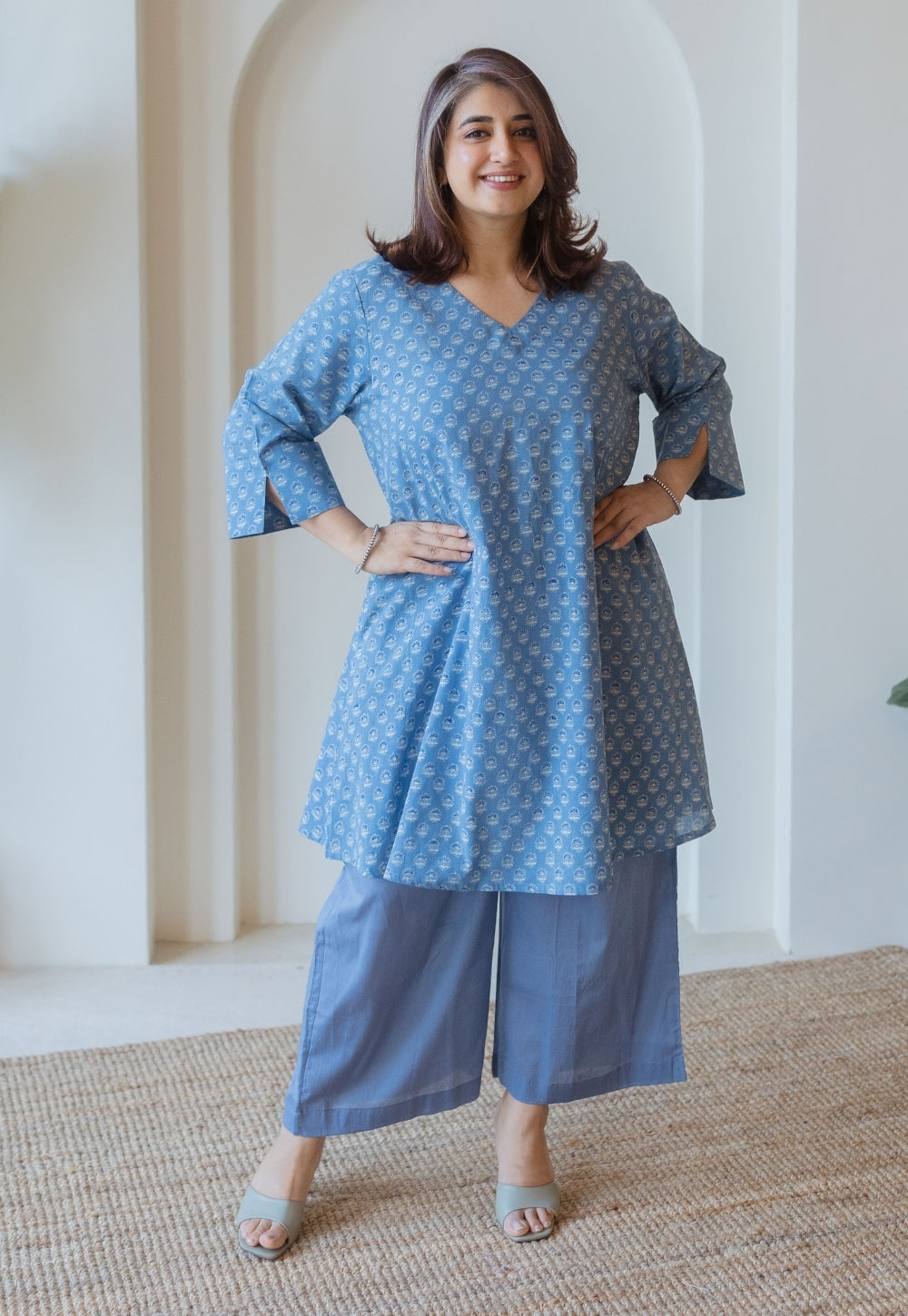 Shaili Blue Ajrakh Cotton A Line Kurta with Dupatta