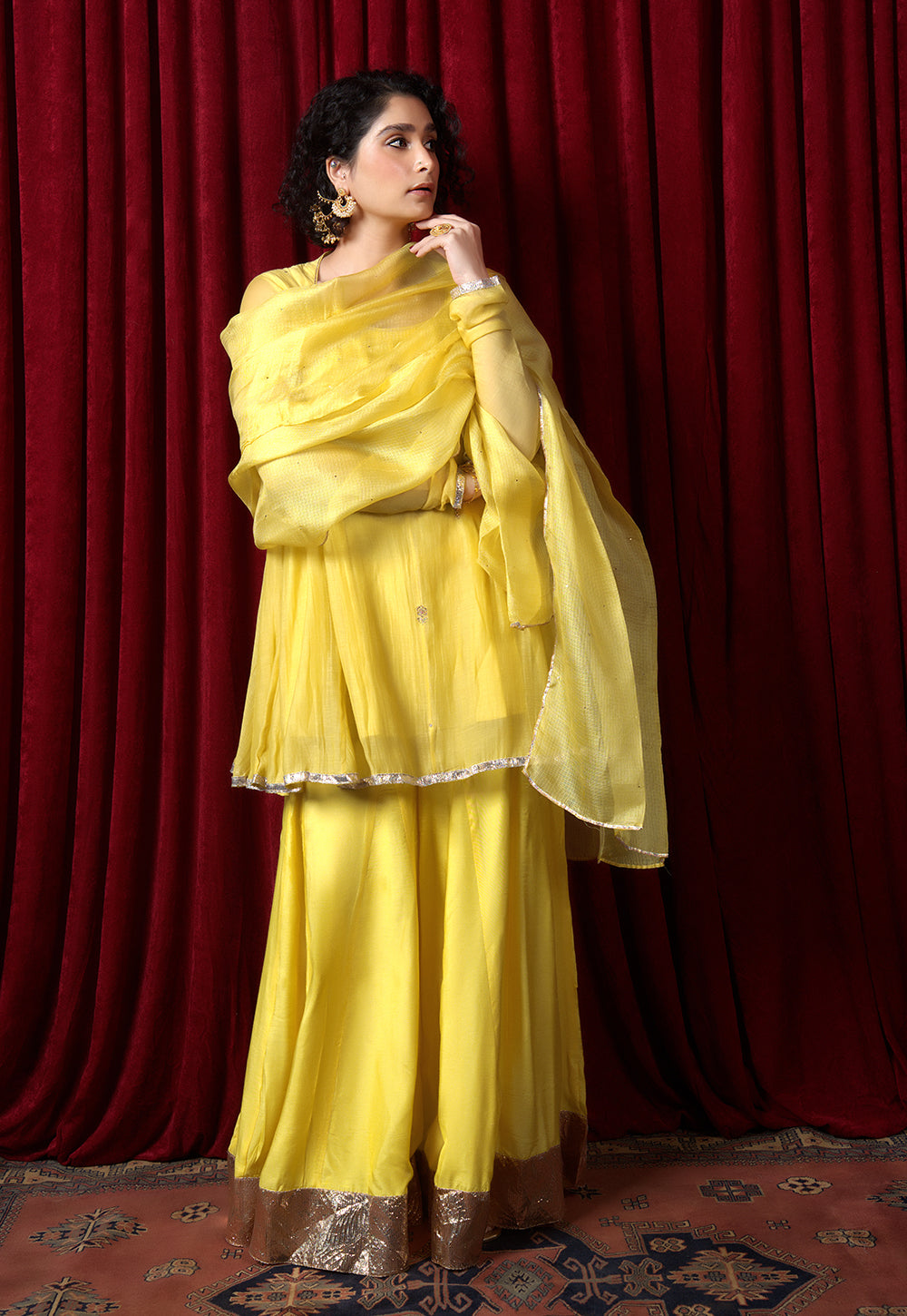 Adha Yellow Solid Chanderi Silk A Line Kurta with Hand Embroidery