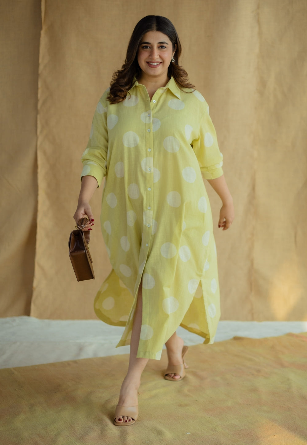 Samiyah Lime Green Hand Block Print Slub Cotton Shirt Dress