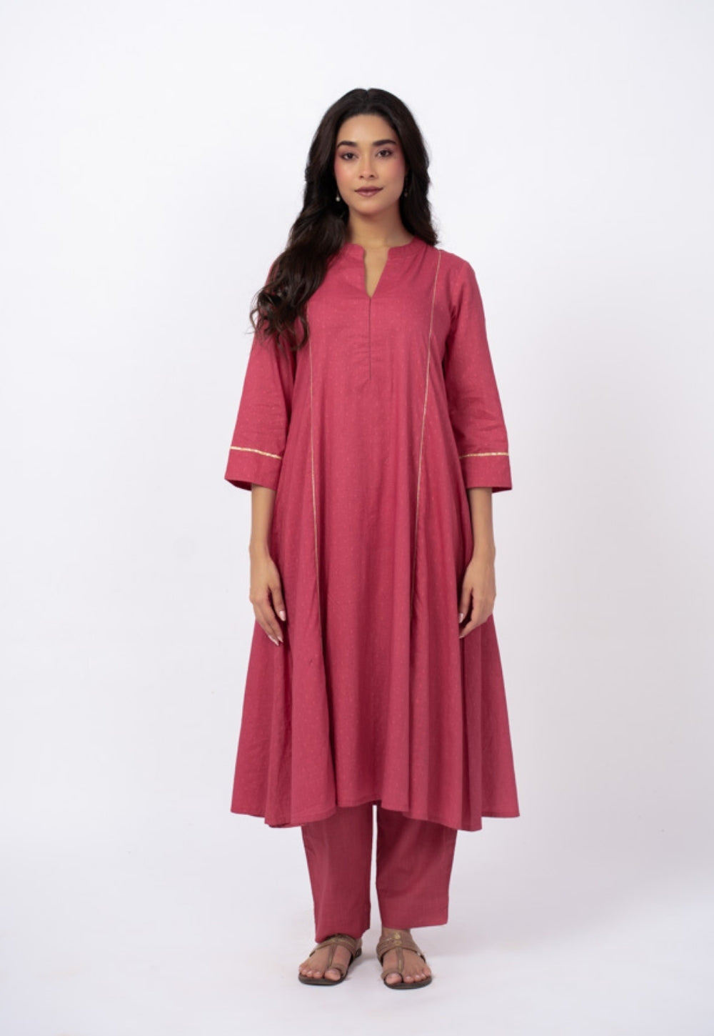 Huma Pink Solid Cotton Kali Kurta Suit Set with Solid Dupatta (Set of 3)