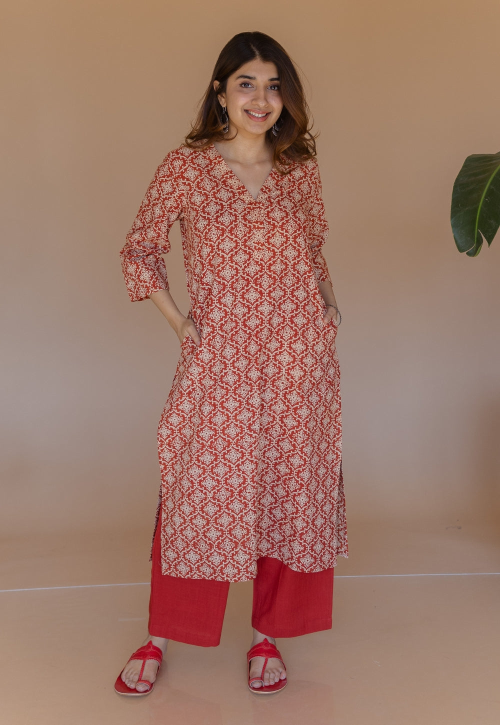 Avika Red Bagru Cotton Straight Kurta Set (Set of 2)