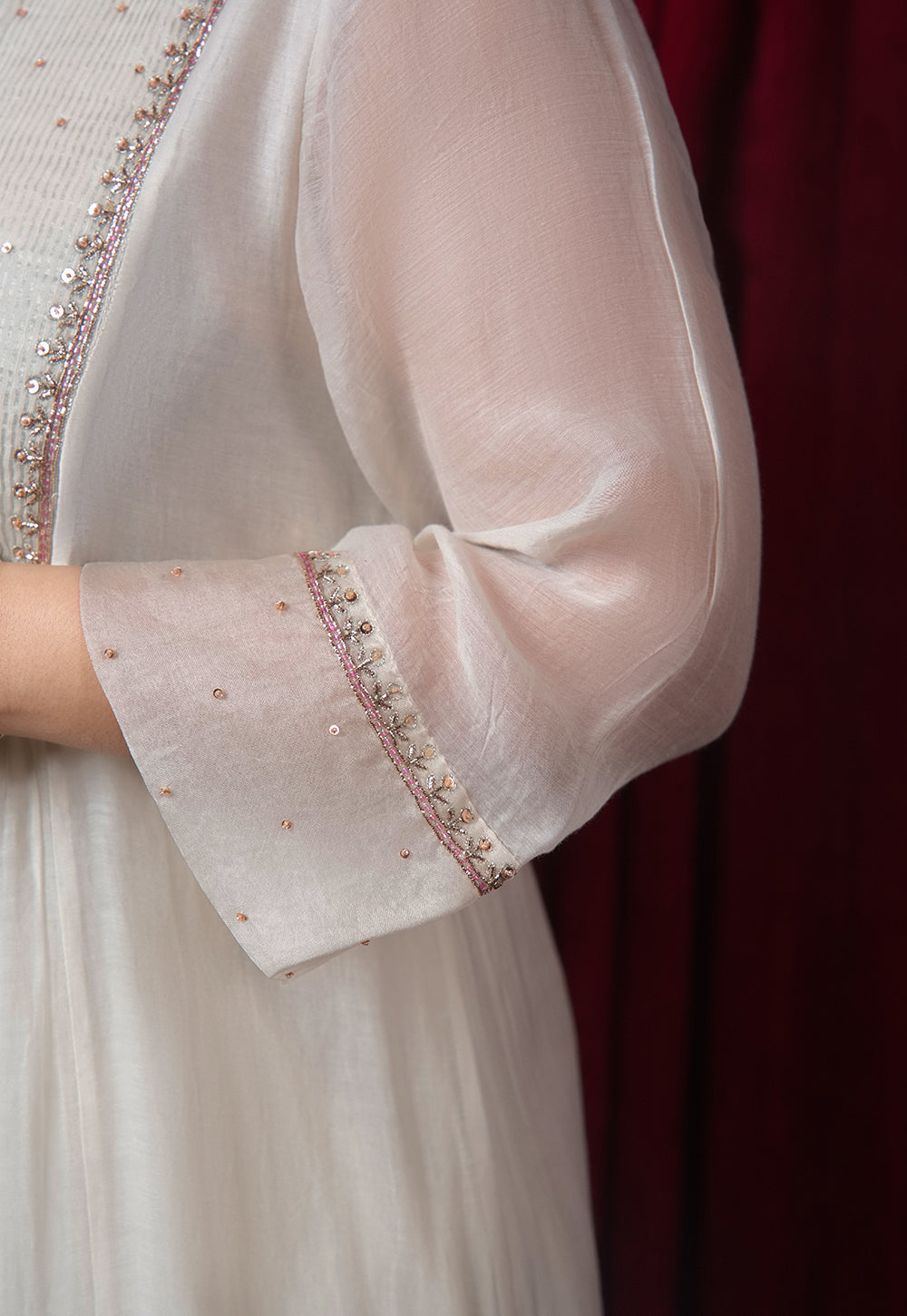 Jivika White Solid Chanderi Silk Kali Kurta with Hand Embrodiery