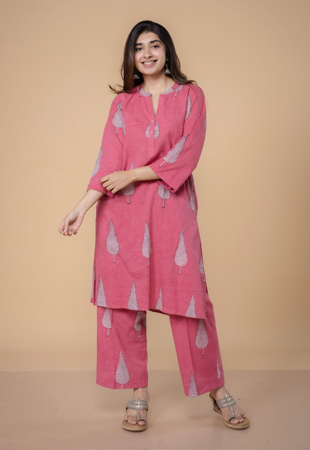 Nysa Pink Dabu Slub Cotton Straight Co-Ord Set