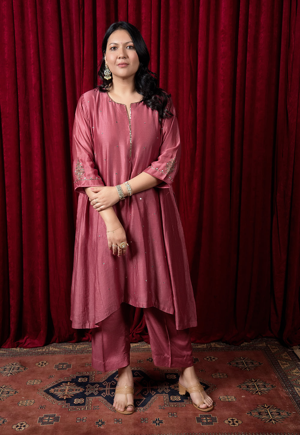 Nyra Red Solid Chanderi Silk Jhabbha Kali Kurta with Hand Embroidery