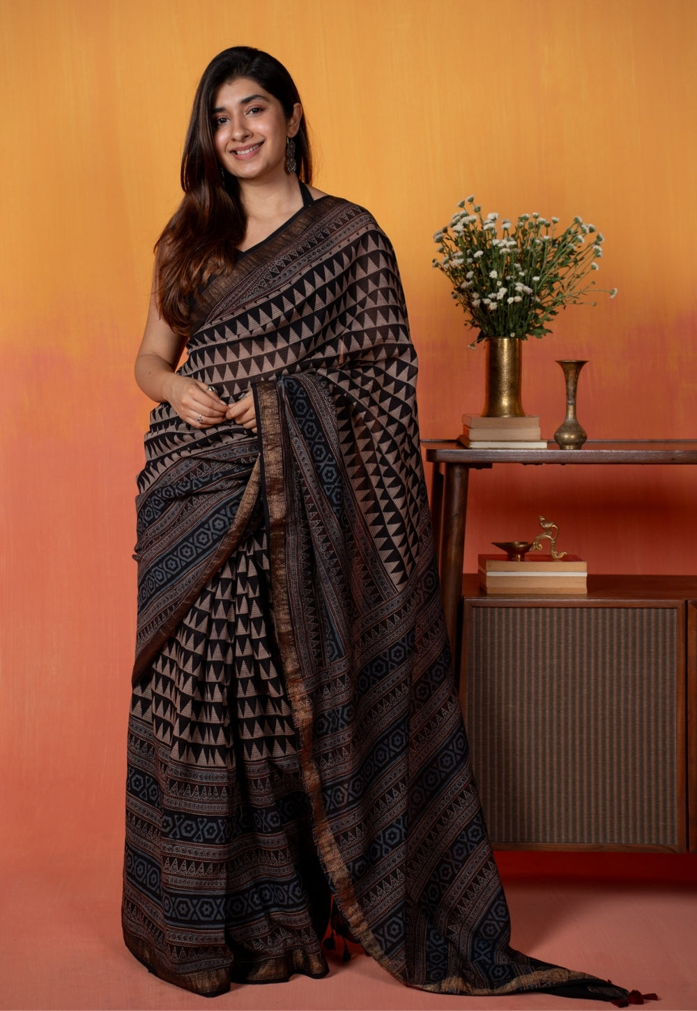 Black Tribal Ajrakh Hand Block Print Maheshwari Saree
