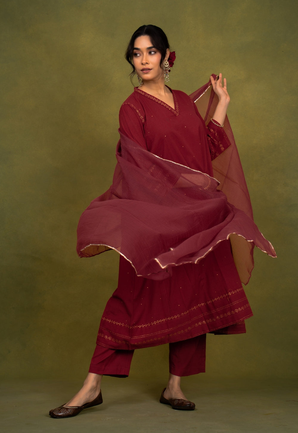 Iqra Red Rogan Handblock Printed Slub Cotton Jhabbha Kali Suit Set (Set of 3)