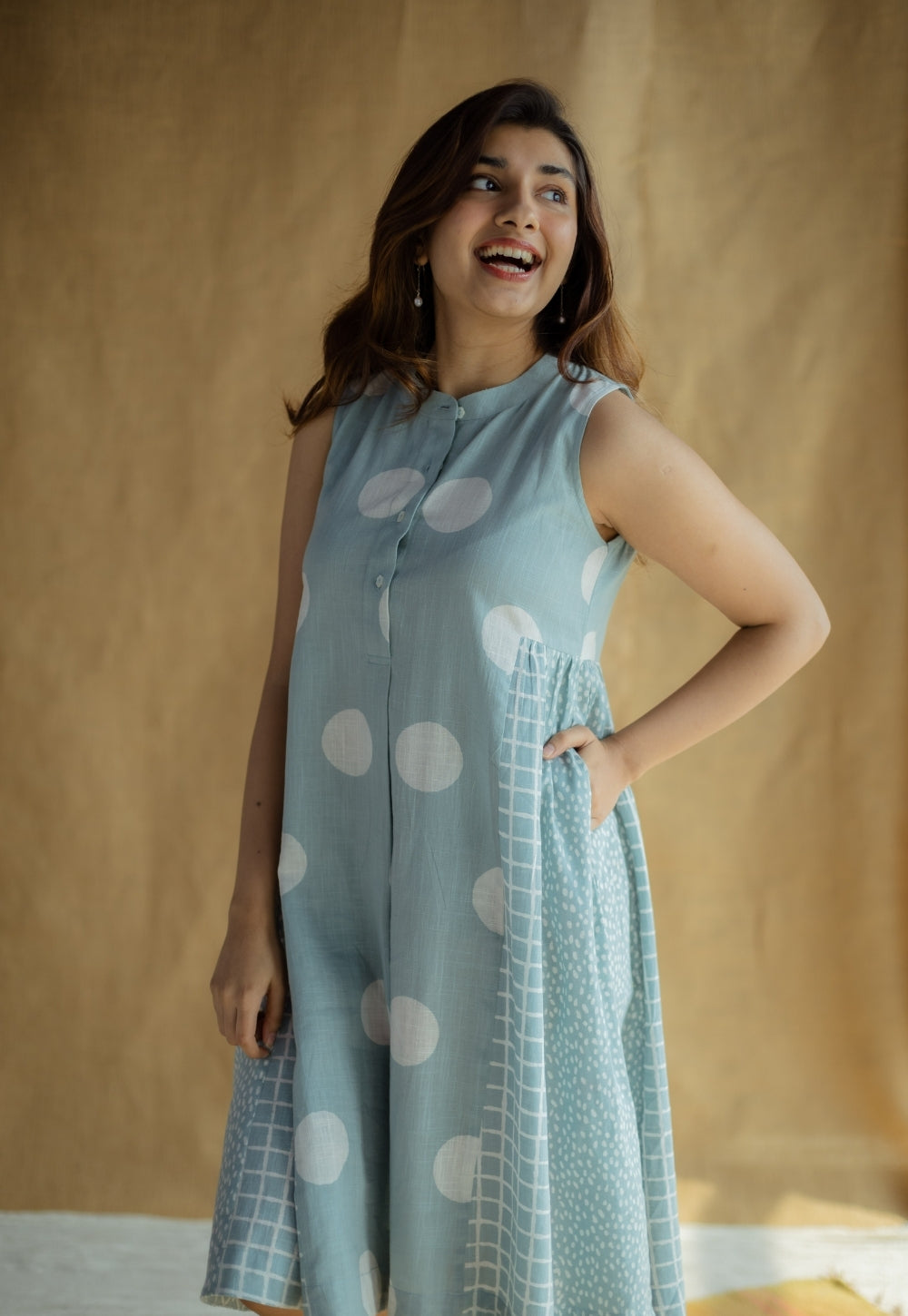 Fariyah Sky Blue Hand Block Print Slub Cotton A Line Dress