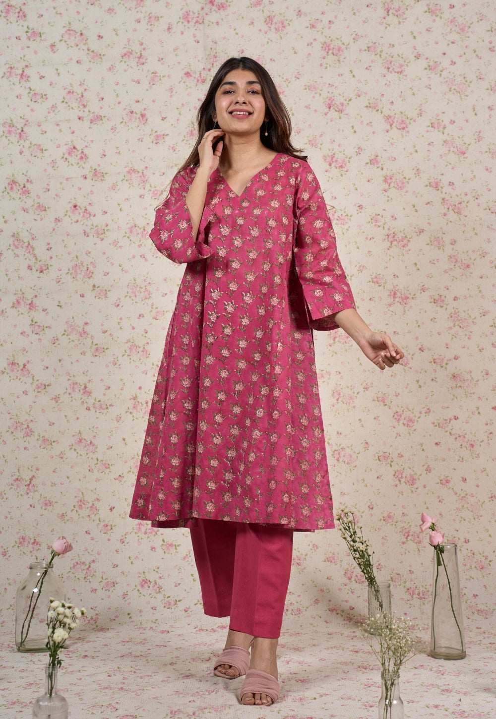 Julia Pink Sanganeri Mul Cotton Jhabbha Kali Kurta