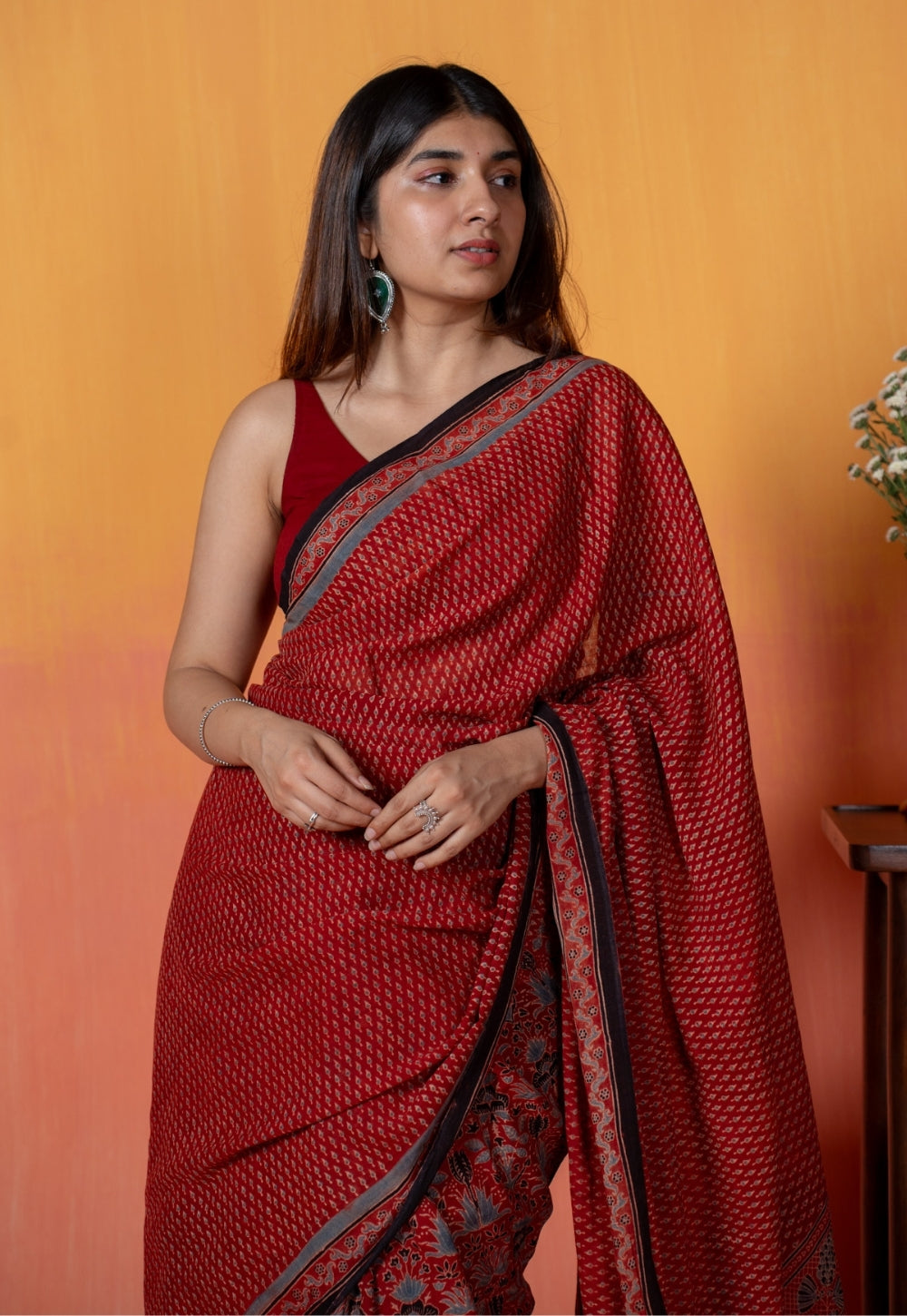 Red Mug Butti Ajrakh Hand Block Print Mul Saree