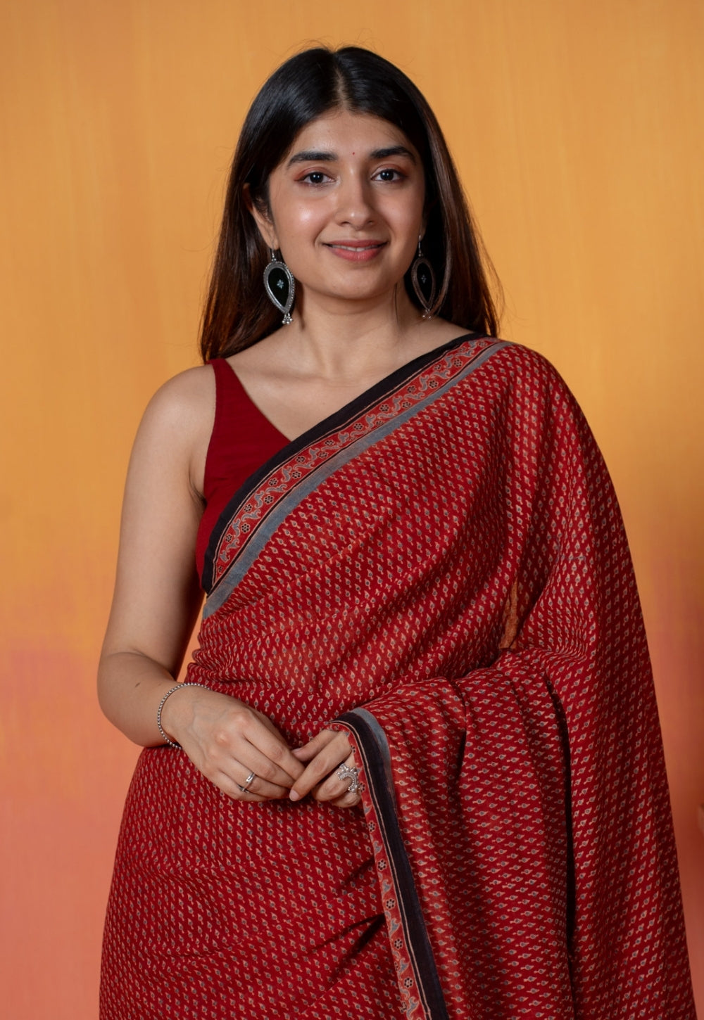 Red Mug Butti Ajrakh Hand Block Print Mul Saree