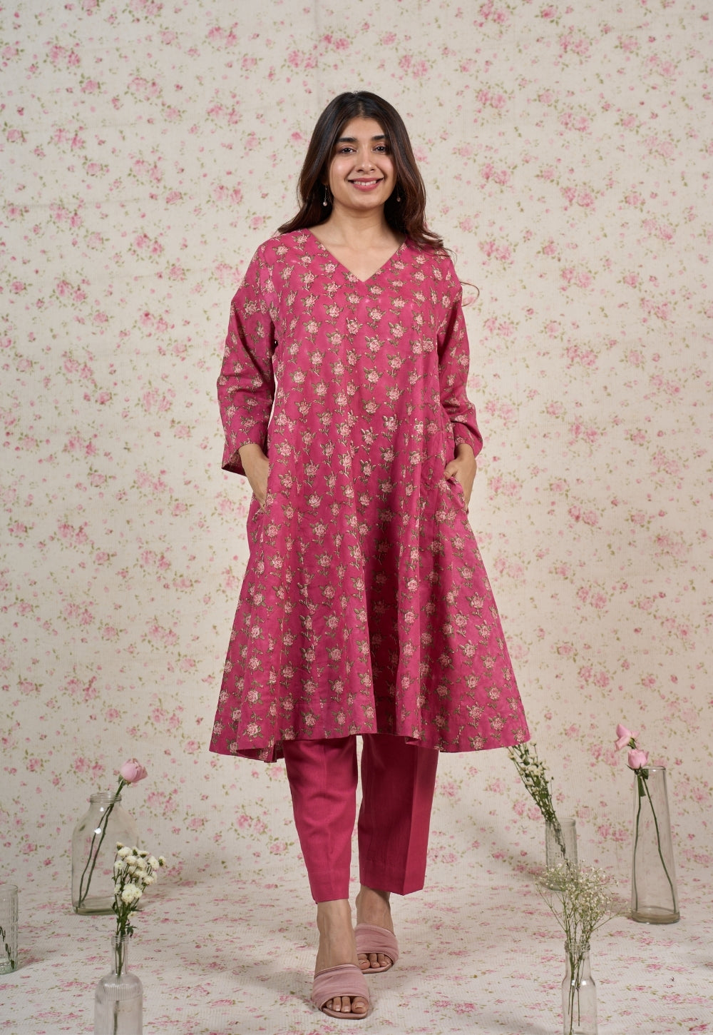Julia Pink Sanganeri Mul Cotton Jhabbha Kali Kurta