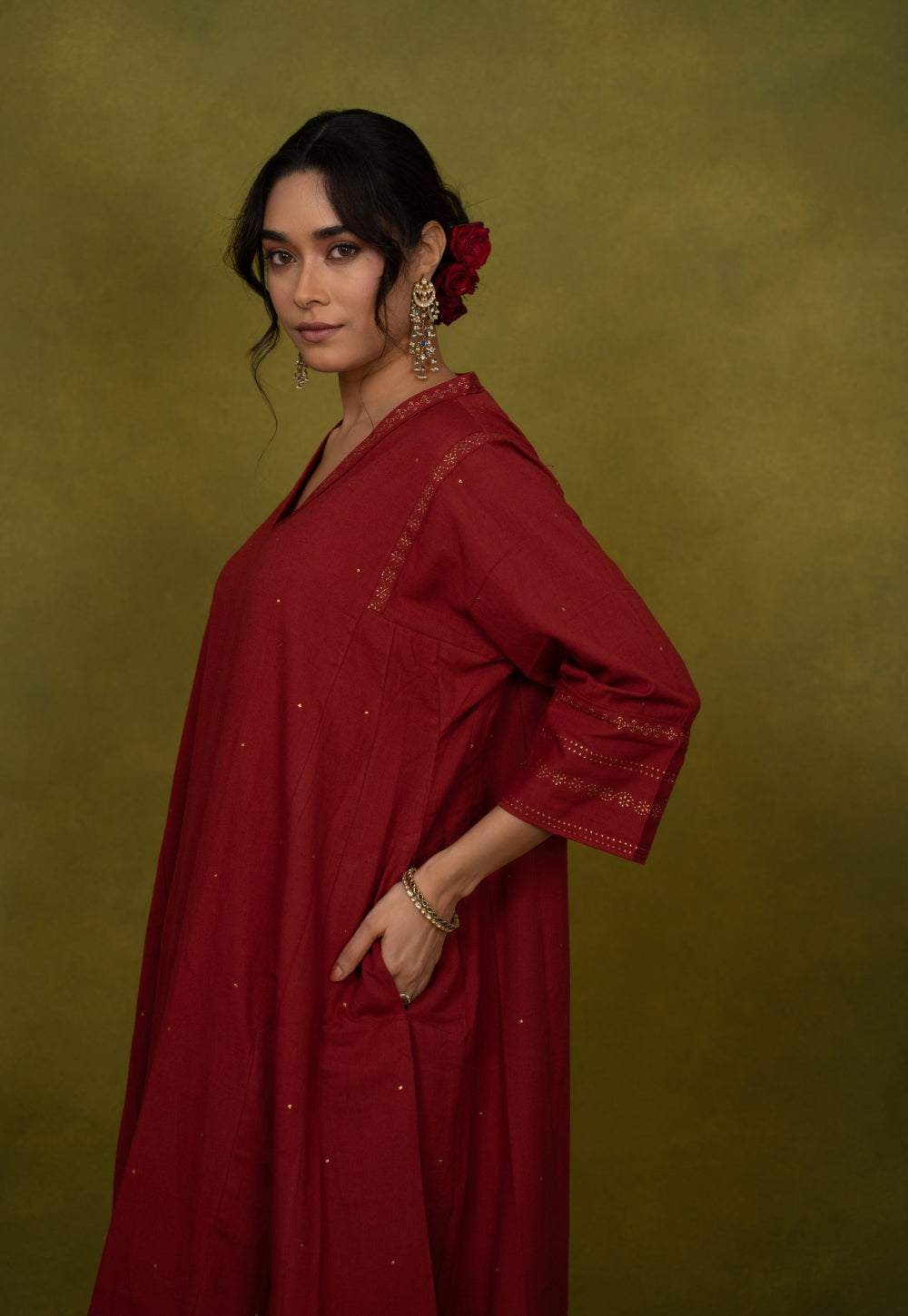 Iqra Red Rogan Handblock Printed Slub Cotton Jhabbha Kali Suit Set (Set of 3)