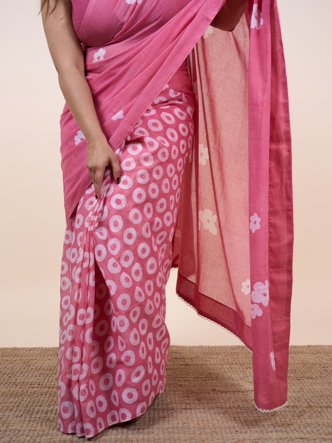 Dania Pink Batik Hand Block Print Mul Cotton Saree with Embroidery